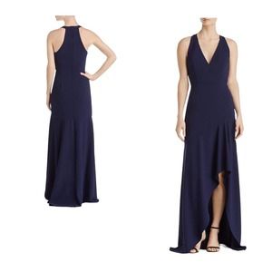 Betsy & Adam Ponte Navy High Low Evening Gown Blue Formal Racerback Maxi Dress